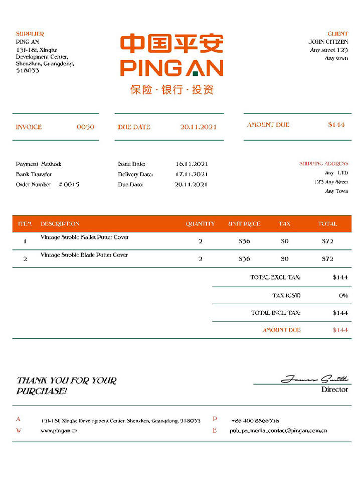 USA Ping An invoice PSD template